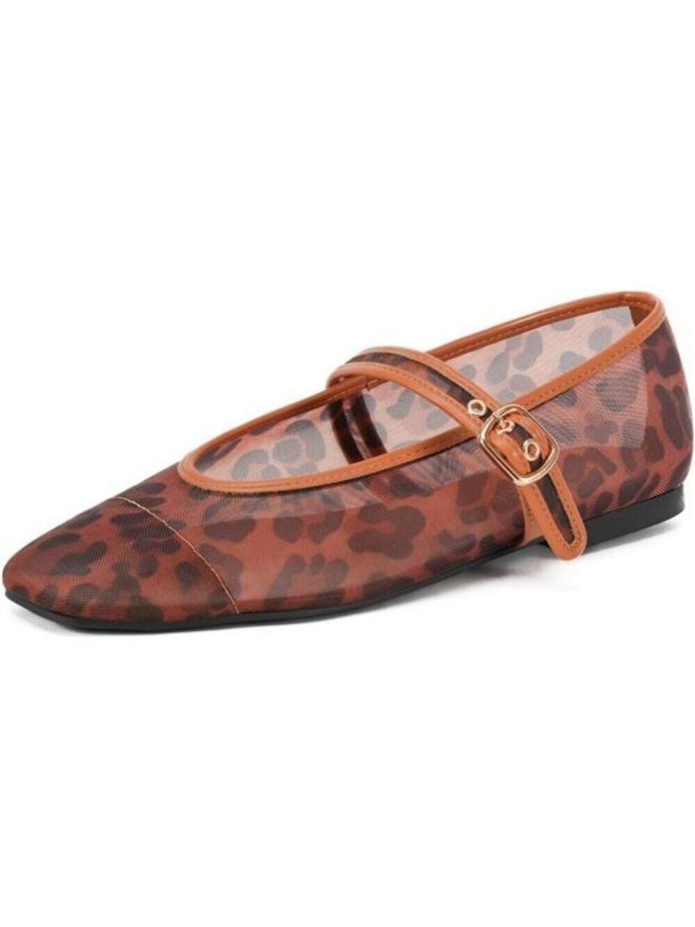Leopard Mesh Ballet Flats Square Toe Mary Jane Buckle Dress Shoes Women